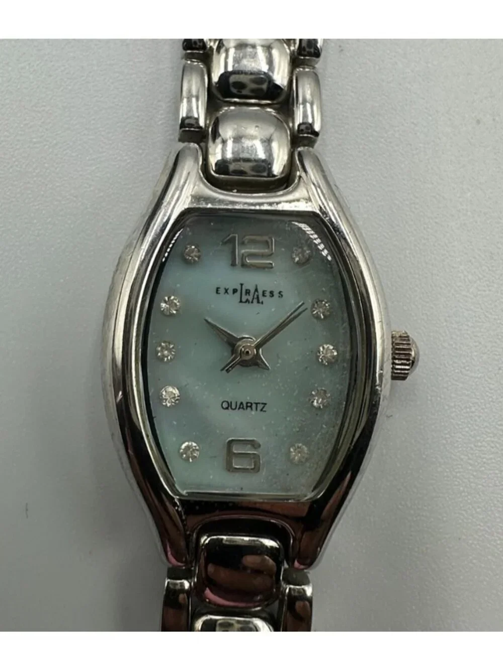 3/$30 LA Express Watch Women Silver Tone Blue Mother Of Pearl Dial 6.5